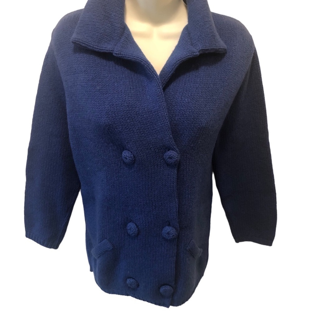 VTG Rosanna Shetland Wool Knit Double Breasted Cardigan Sweater Sz S Blue Cozy